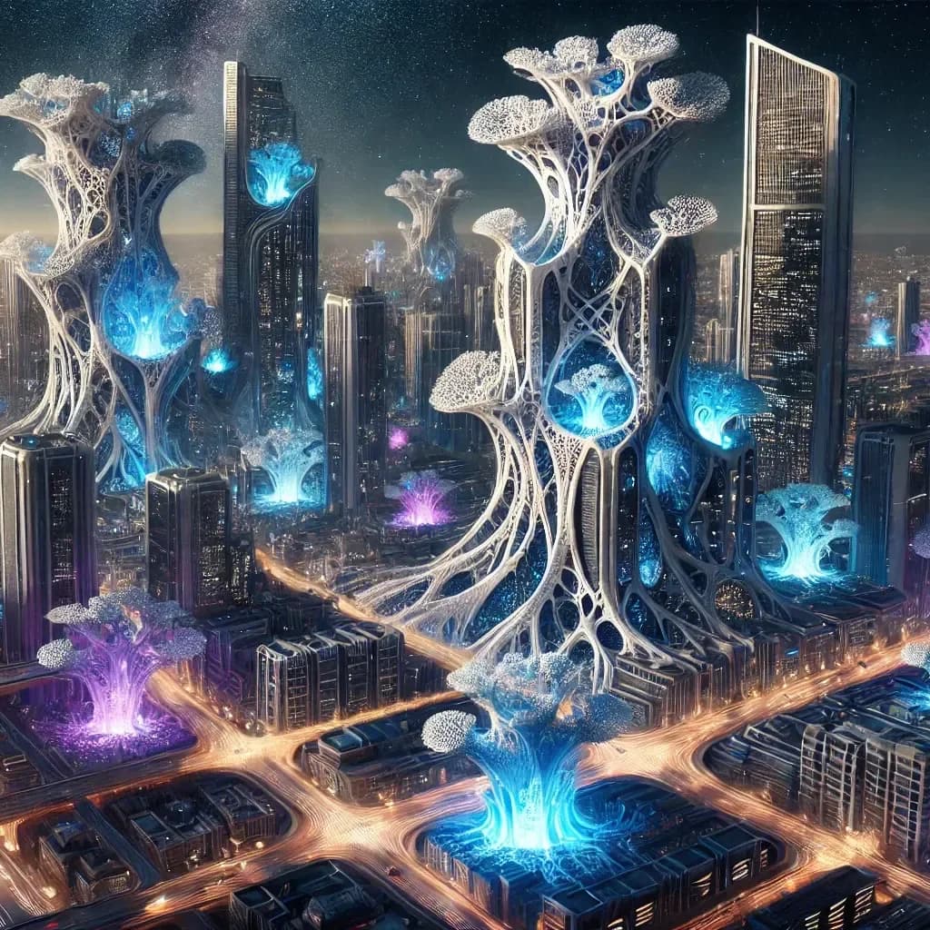 Aerial cyberpunk night city dwarfed by enormous translucent mushroom-coral organisms glowing cyan and magenta