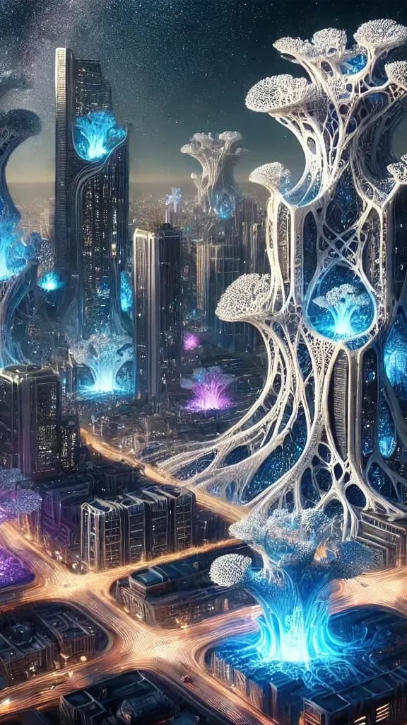 Aerial cyberpunk night city dwarfed by enormous translucent mushroom-coral organisms glowing cyan and magenta