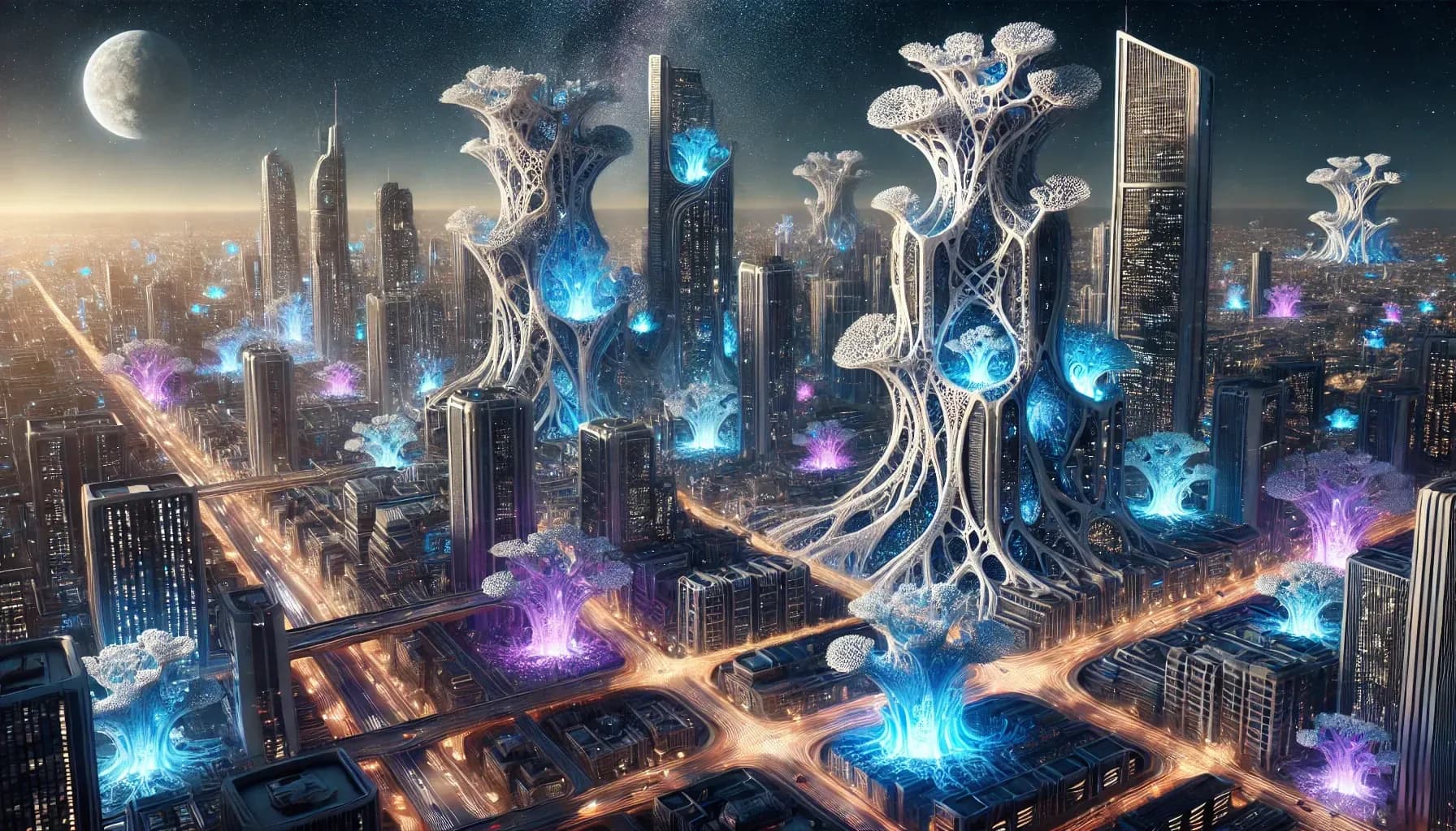 Aerial cyberpunk night city dwarfed by enormous translucent mushroom-coral organisms glowing cyan and magenta