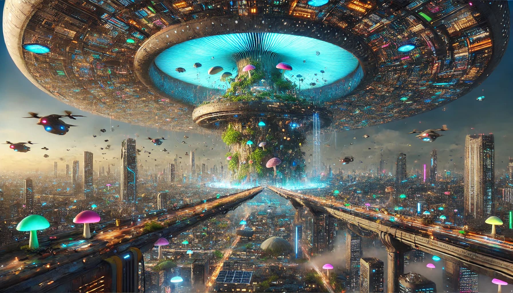 An inverted city on the underside of a teal-glowing mushroom suspended above a cyberpunk metropolis, drones between layers