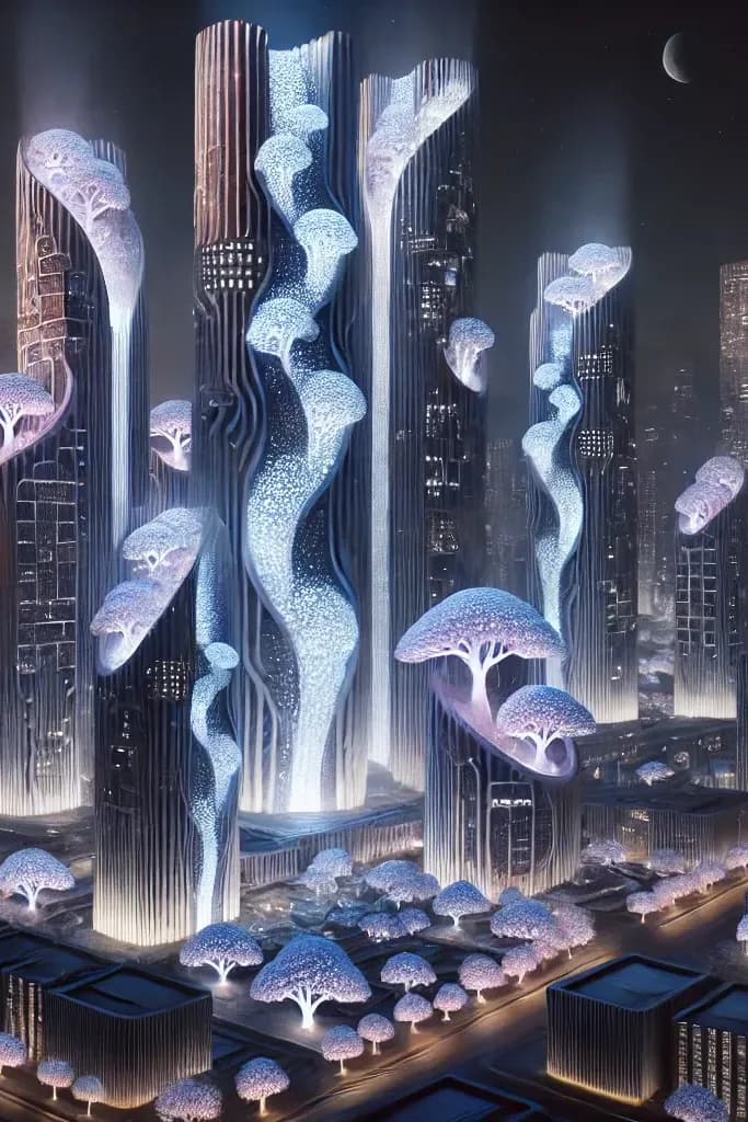 Skyscrapers at night with bioluminescent mushroom-coral growing out of their sides, pink mushroom-trees at street level