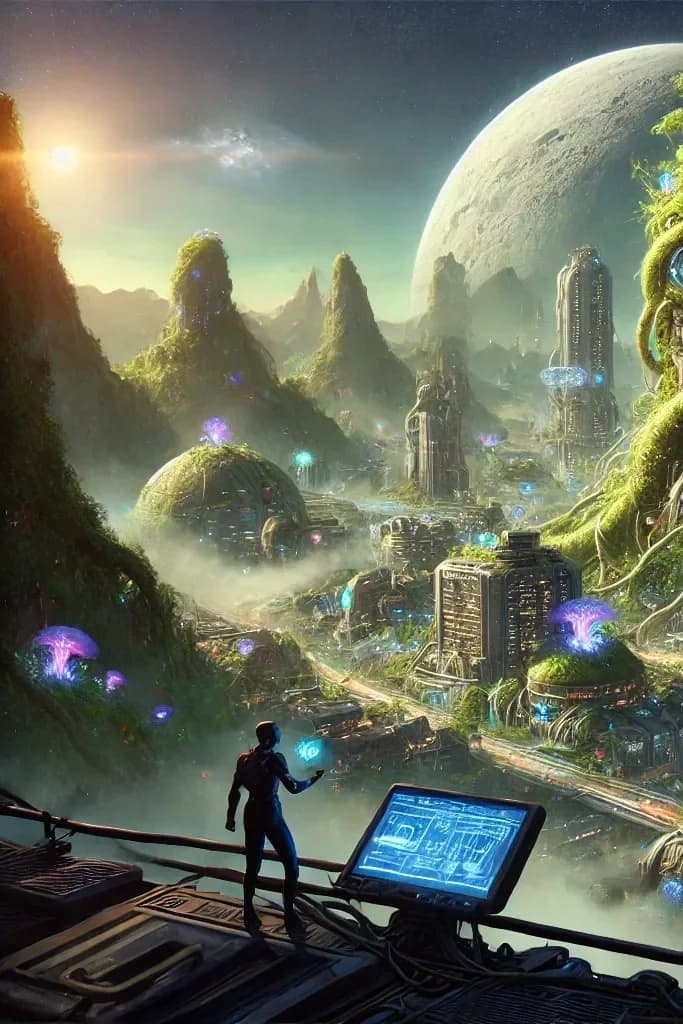 Figure at a glowing control panel on a balcony watching a biopunk city with vine-towers, jellyfish-mushrooms, green aurora