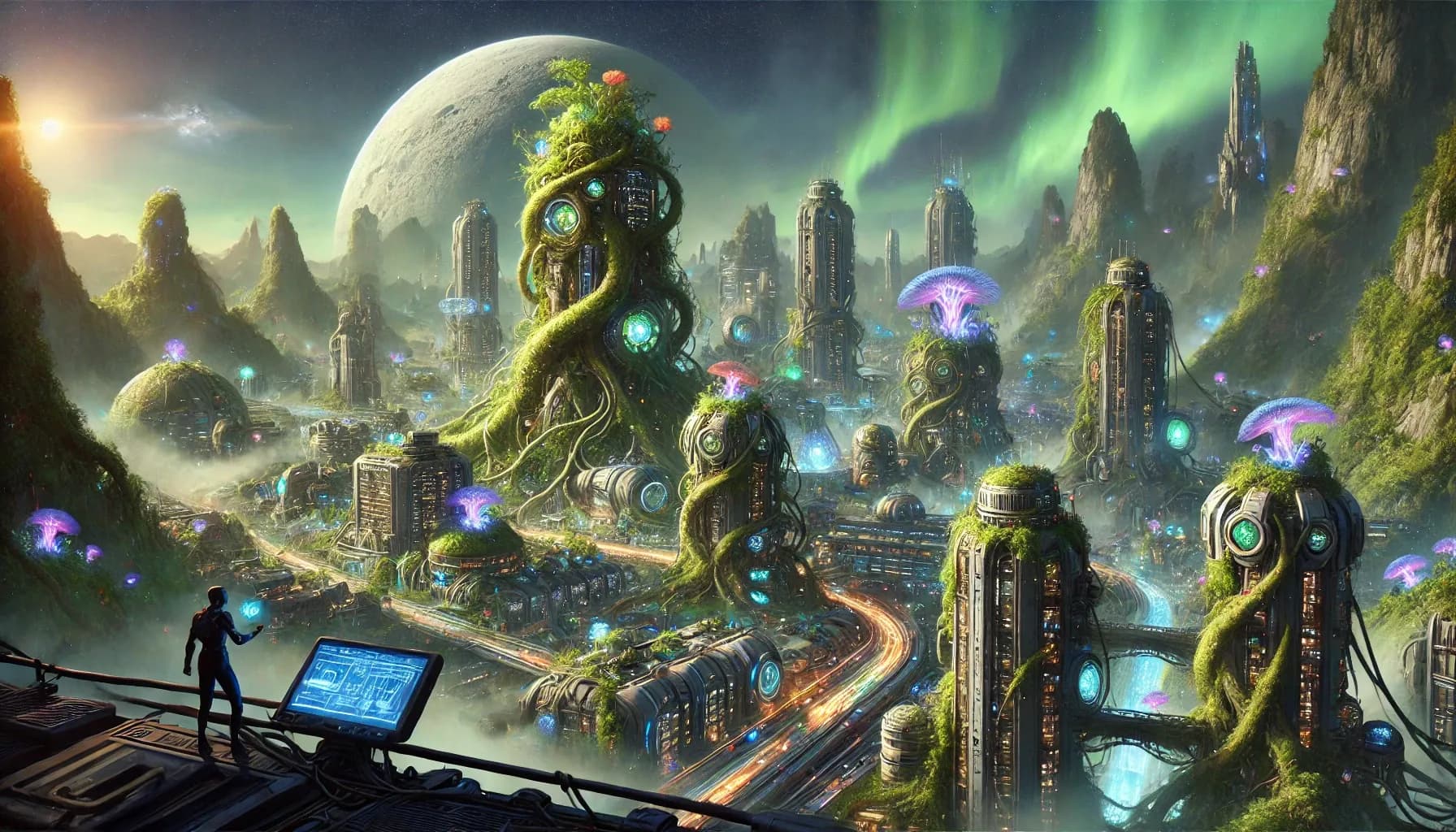 Figure at a glowing control panel on a balcony watching a biopunk city with vine-towers, jellyfish-mushrooms, green aurora