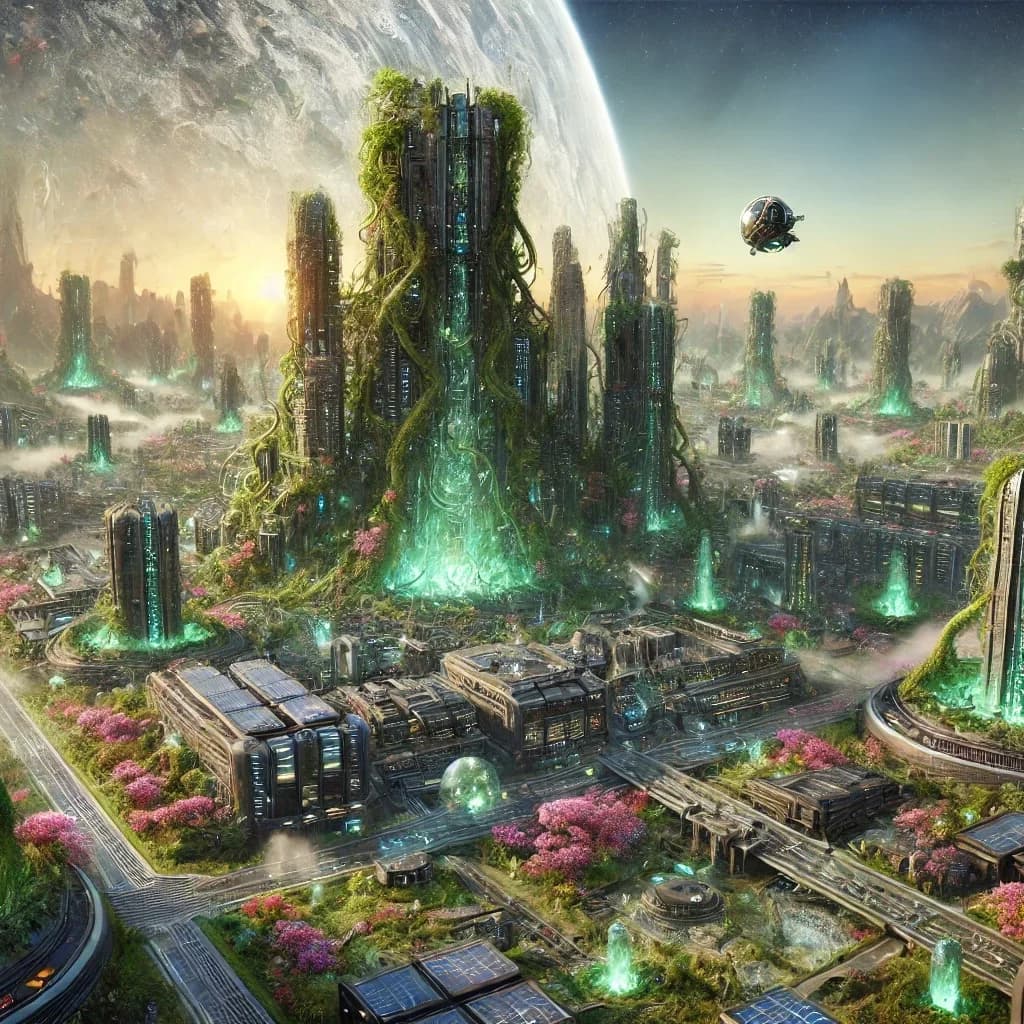 Vine-overgrown biopunk towers with teal data-channels under a dawn-pink sky, large moon, pink flowers in foreground