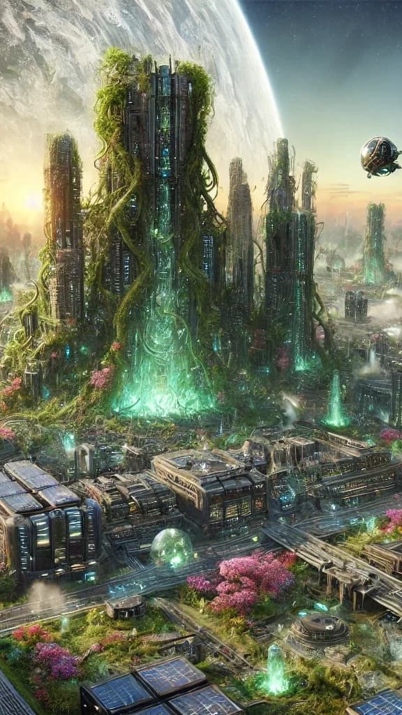 Vine-overgrown biopunk towers with teal data-channels under a dawn-pink sky, large moon, pink flowers in foreground