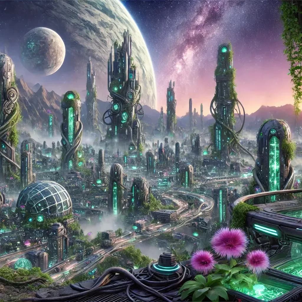 Three pillar-towers with green-glowing crystal cores, covered in vines and pink flowers, two moons, purple-pink sky