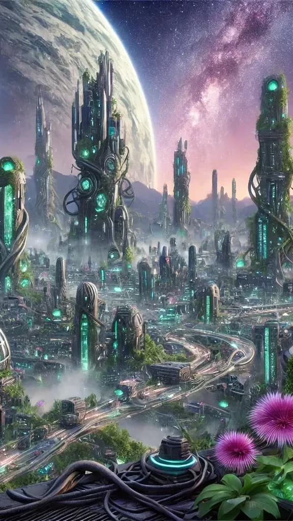 Three pillar-towers with green-glowing crystal cores, covered in vines and pink flowers, two moons, purple-pink sky