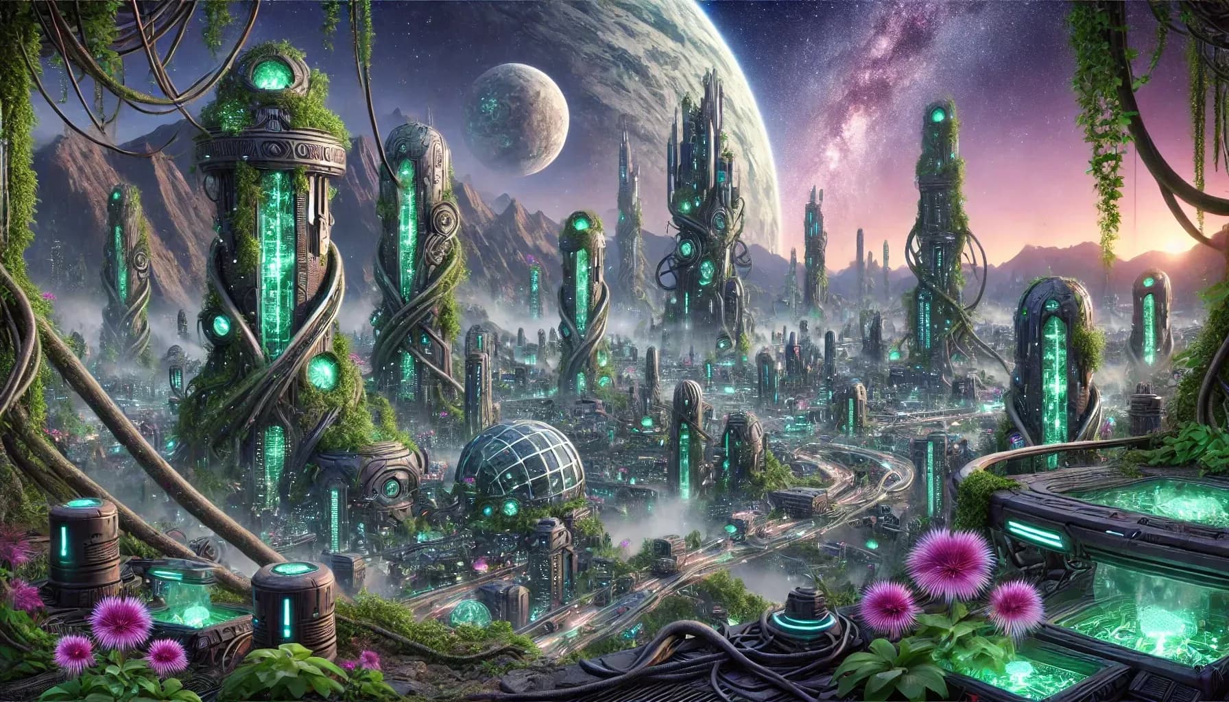 Three pillar-towers with green-glowing crystal cores, covered in vines and pink flowers, two moons, purple-pink sky
