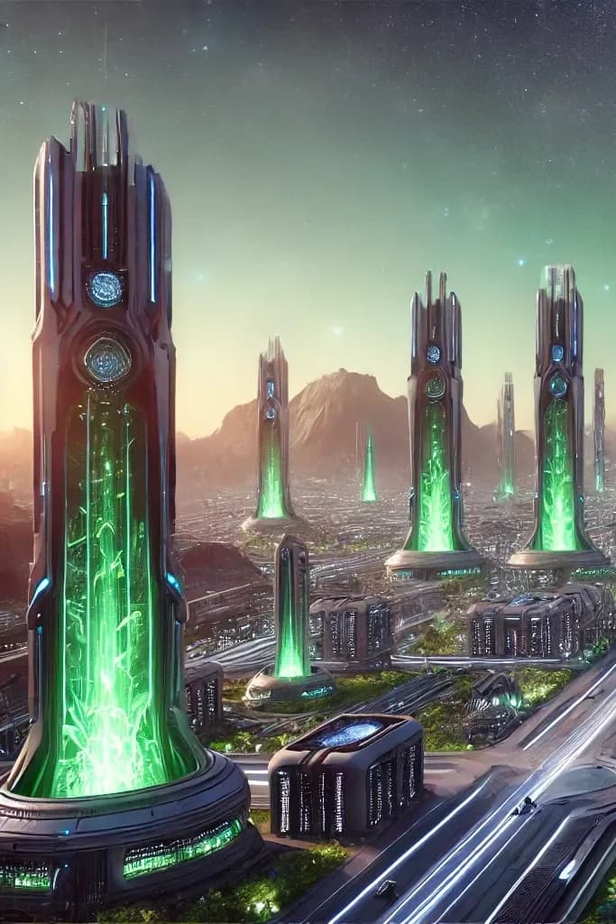 Three identical tall towers with glowing green crystal-pillar bases, a fourth central spire behind, green-nebula sky