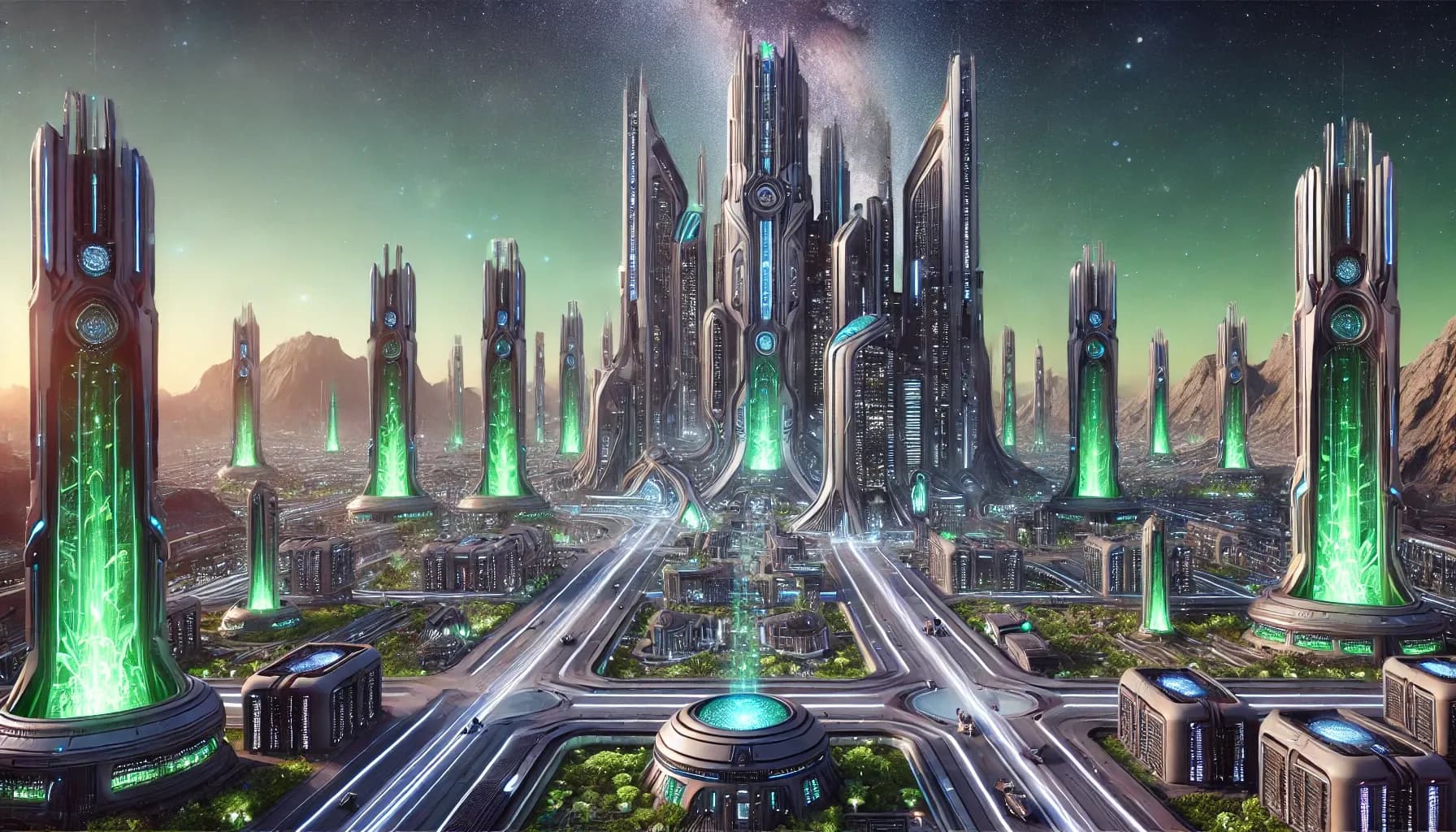 Three identical tall towers with glowing green crystal-pillar bases, a fourth central spire behind, green-nebula sky