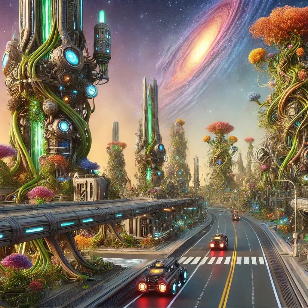 A biopunk highway with red-taillit cars between flower-covered towers, spiral galaxy overhead, two visible moons