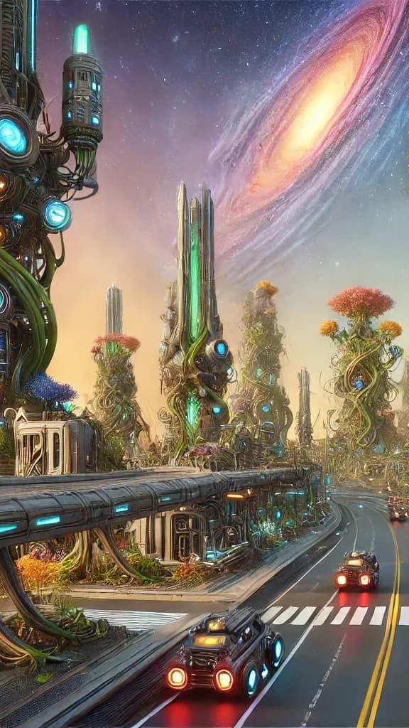 A biopunk highway with red-taillit cars between flower-covered towers, spiral galaxy overhead, two visible moons