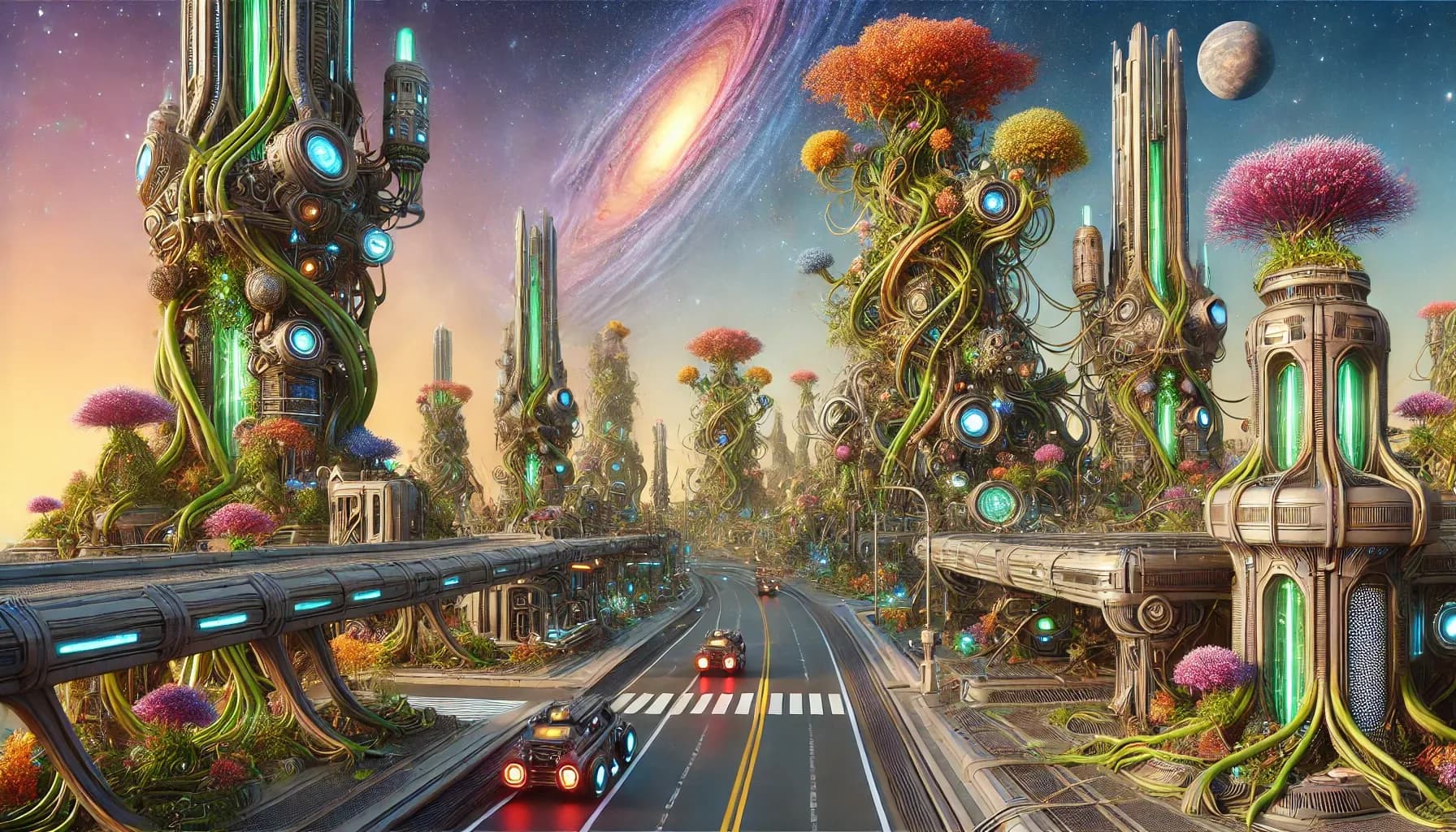 A biopunk highway with red-taillit cars between flower-covered towers, spiral galaxy overhead, two visible moons