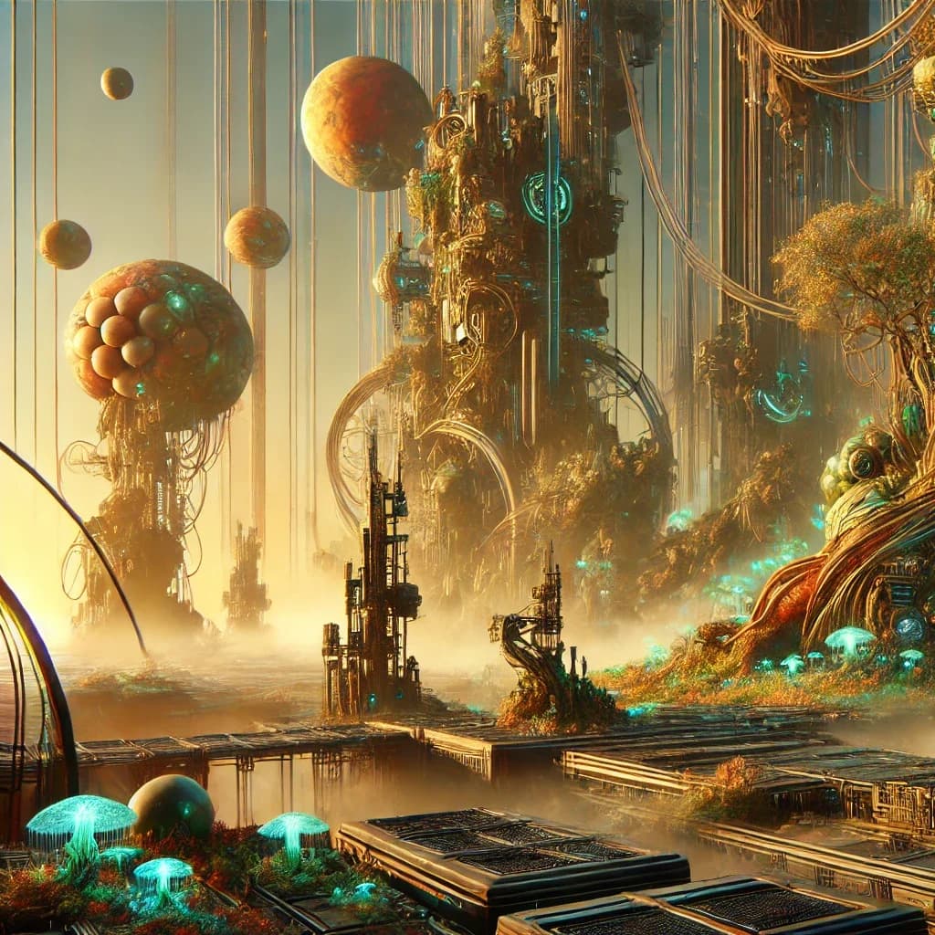Floating moon-scale spheres in a hazy sky, glowing teal jellyfish-mushroom organisms below, ornate biopunk towers