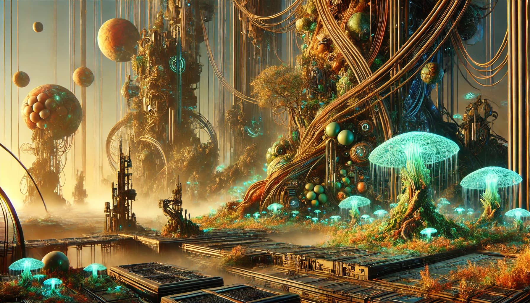 Floating moon-scale spheres in a hazy sky, glowing teal jellyfish-mushroom organisms below, ornate biopunk towers