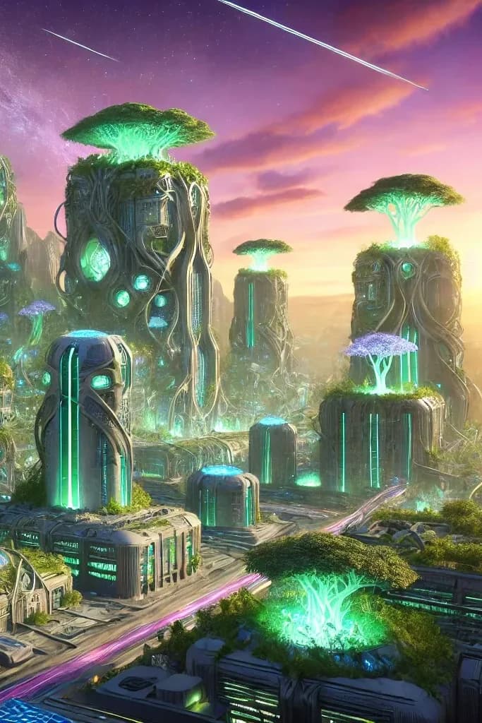 Continuous-organism biopunk city of merged tower-mushroom-vine forms with glowing teal cores, pink blossoms, violet sky
