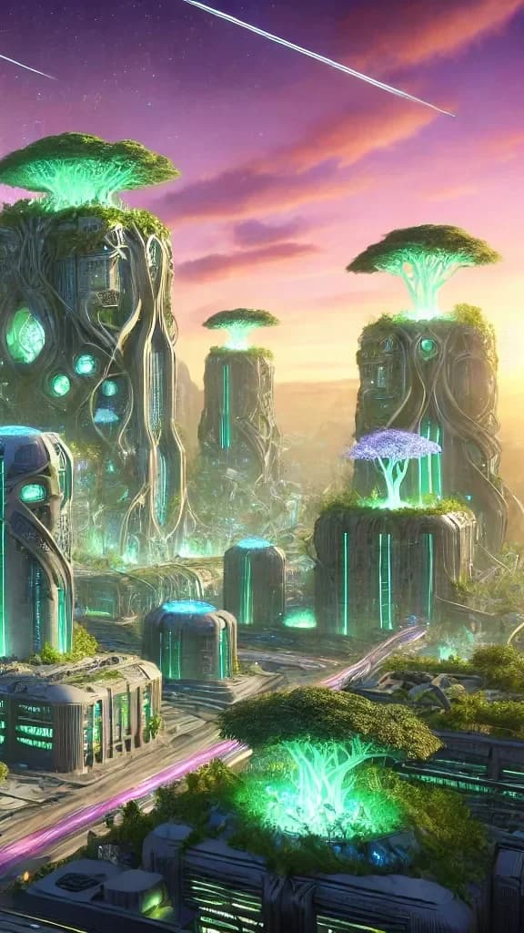 Continuous-organism biopunk city of merged tower-mushroom-vine forms with glowing teal cores, pink blossoms, violet sky