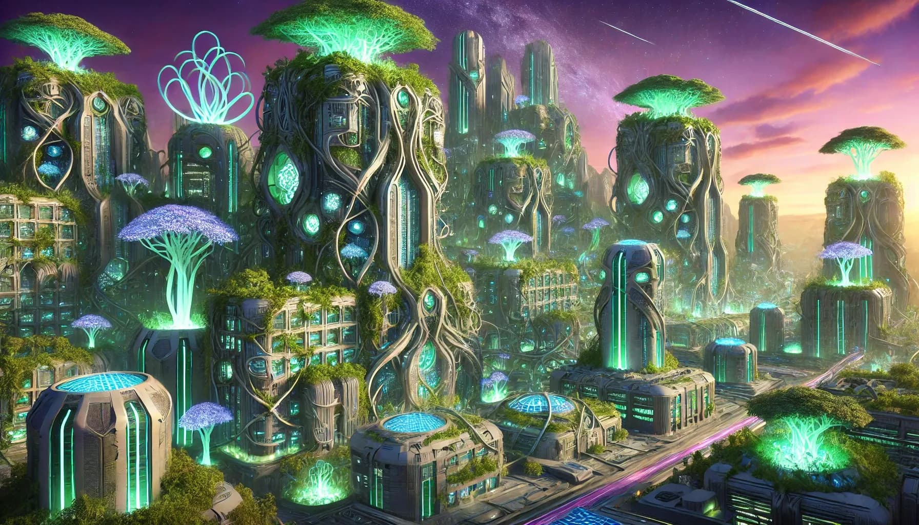Continuous-organism biopunk city of merged tower-mushroom-vine forms with glowing teal cores, pink blossoms, violet sky