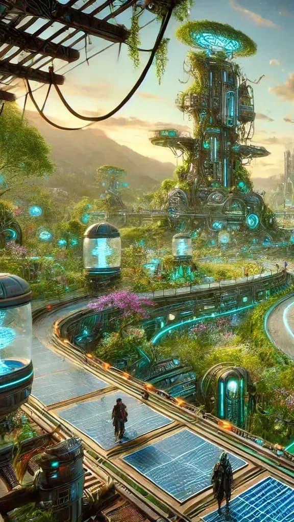 A biopunk eco-city with two figures walking on a winding path through terraces, glowing cyan tech-clusters, wind turbine
