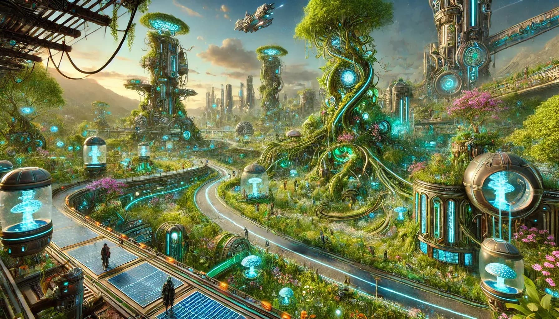 A biopunk eco-city with two figures walking on a winding path through terraces, glowing cyan tech-clusters, wind turbine