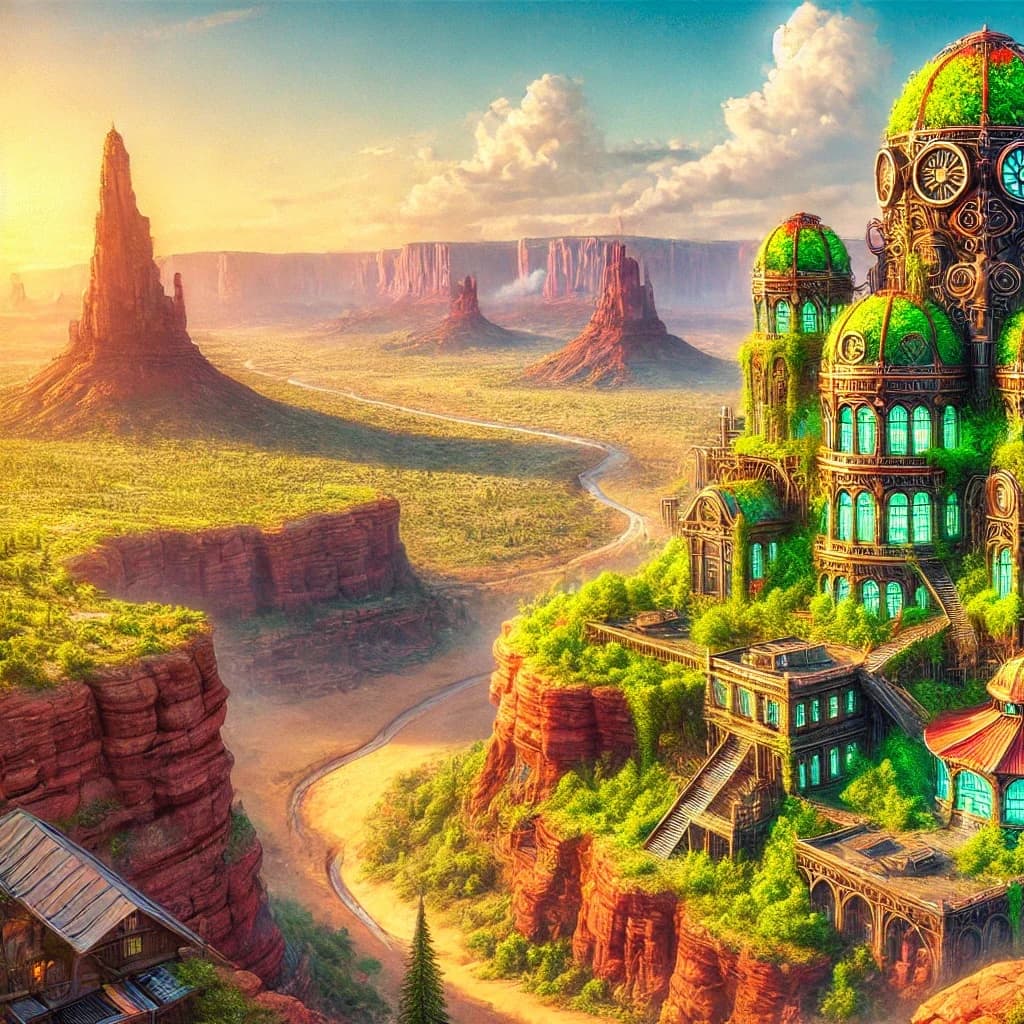 A village of green-domed steampunk buildings overgrown with vines on a red-sandstone mesa, with a farmstead at the base