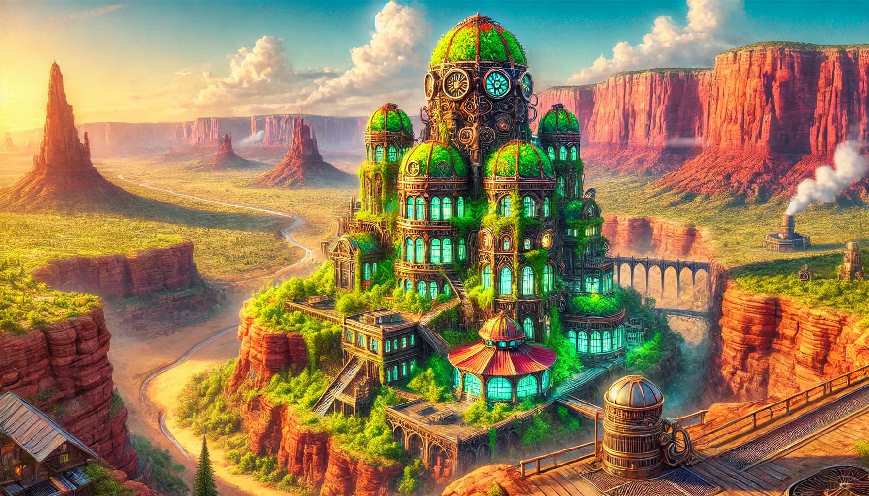 A village of green-domed steampunk buildings overgrown with vines on a red-sandstone mesa, with a farmstead at the base