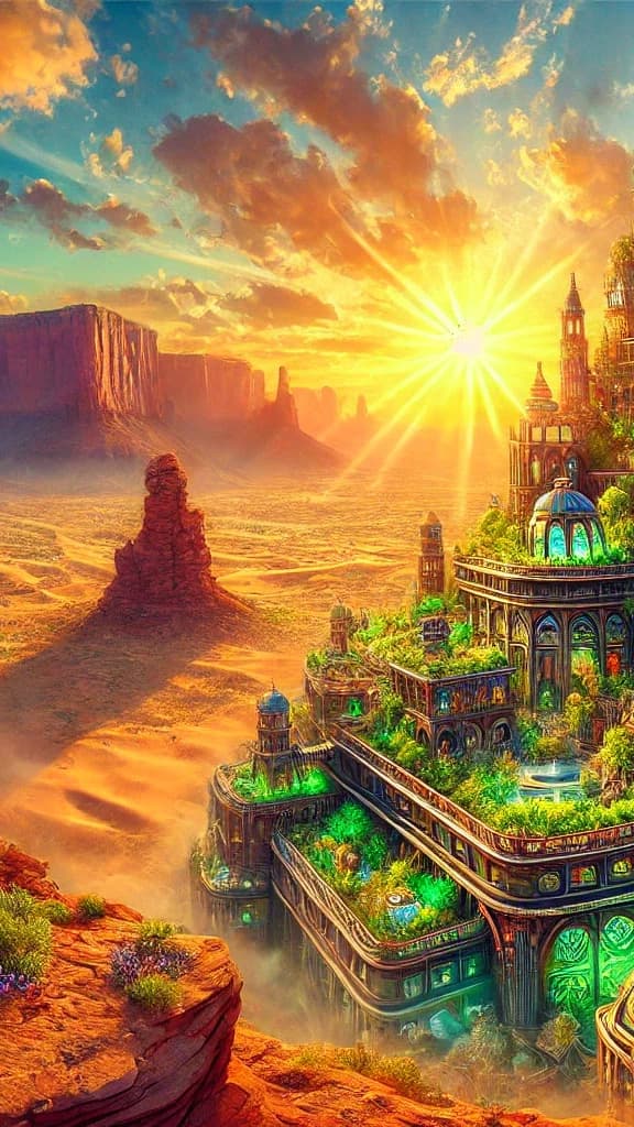 Saturated game-illustration of a green-domed steampunk citadel rising in tiers from a red-rock mesa, sunburst behind