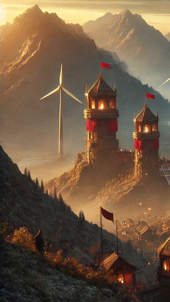 A medieval mountain fortress with red banners and wind turbines mounted on the ridge watchtowers, golden-hour light