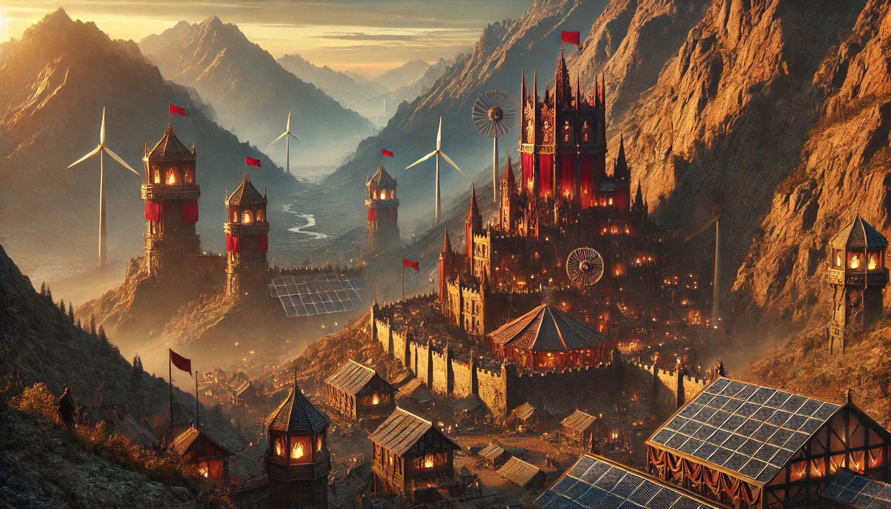 A medieval mountain fortress with red banners and wind turbines mounted on the ridge watchtowers, golden-hour light