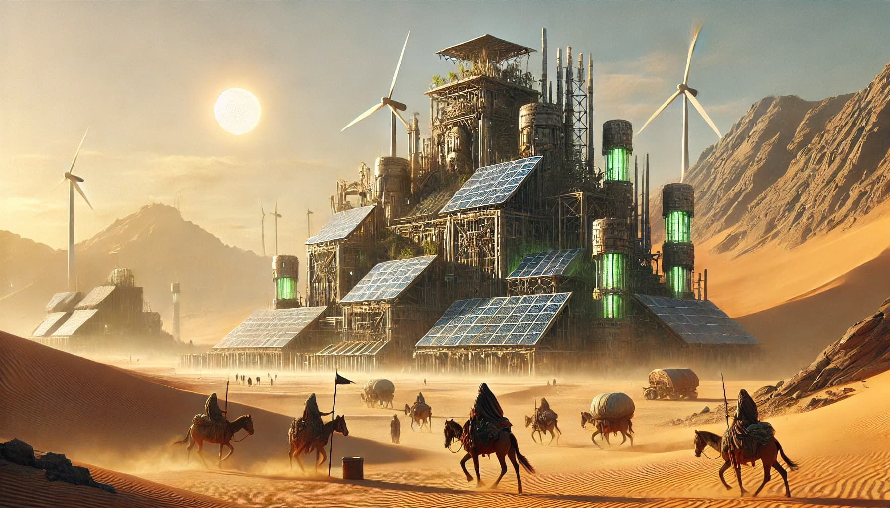 Five mounted nomads approach a desert solar facility with wind turbines and green-glowing reactor cylinders