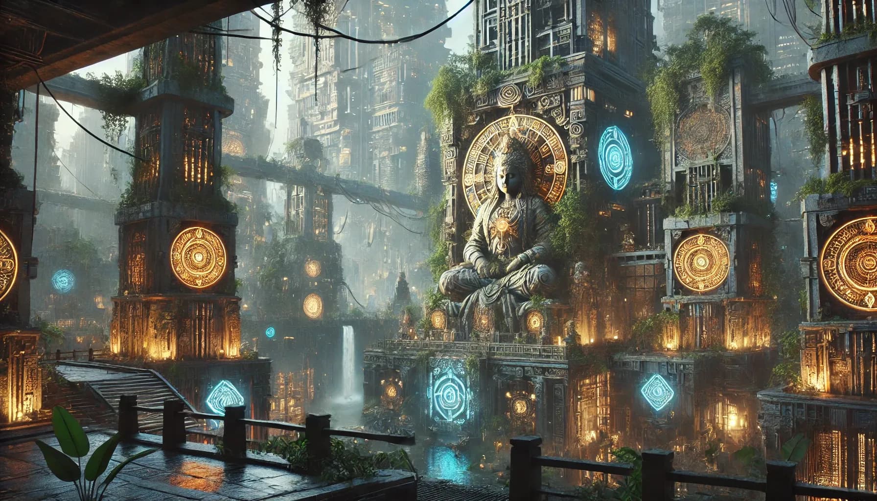 Seated Buddha-like figure on a vine-covered temple wall surrounded by cyan-glowing circular and hexagonal glyphs