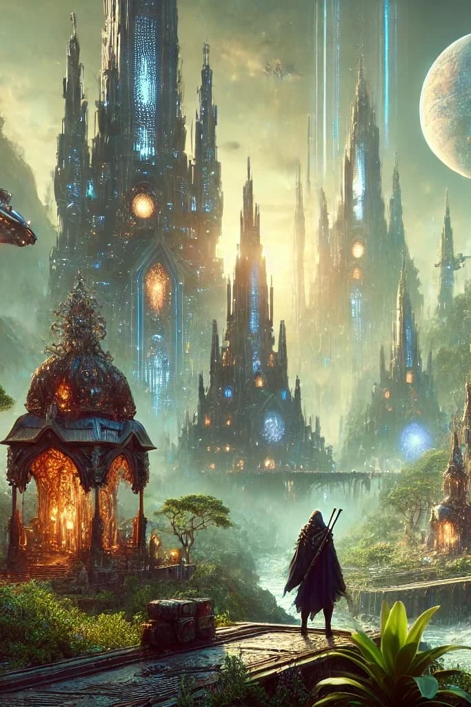 Cloaked sword-figure in foreground; gothic-spired jungle city lit cyan and magenta with hovering craft and large moon