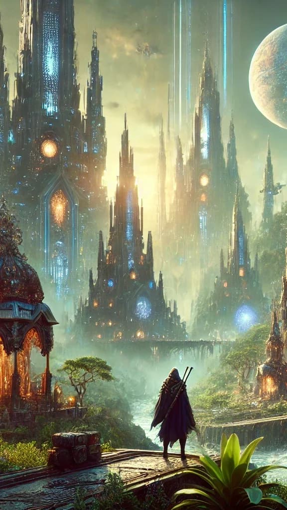 Cloaked sword-figure in foreground; gothic-spired jungle city lit cyan and magenta with hovering craft and large moon
