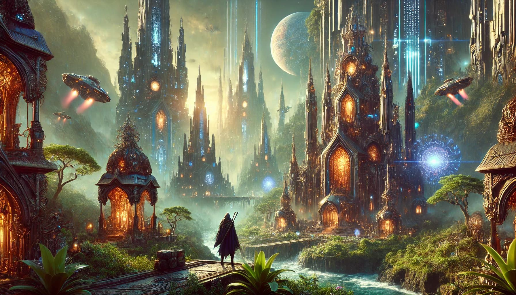 Cloaked sword-figure in foreground; gothic-spired jungle city lit cyan and magenta with hovering craft and large moon