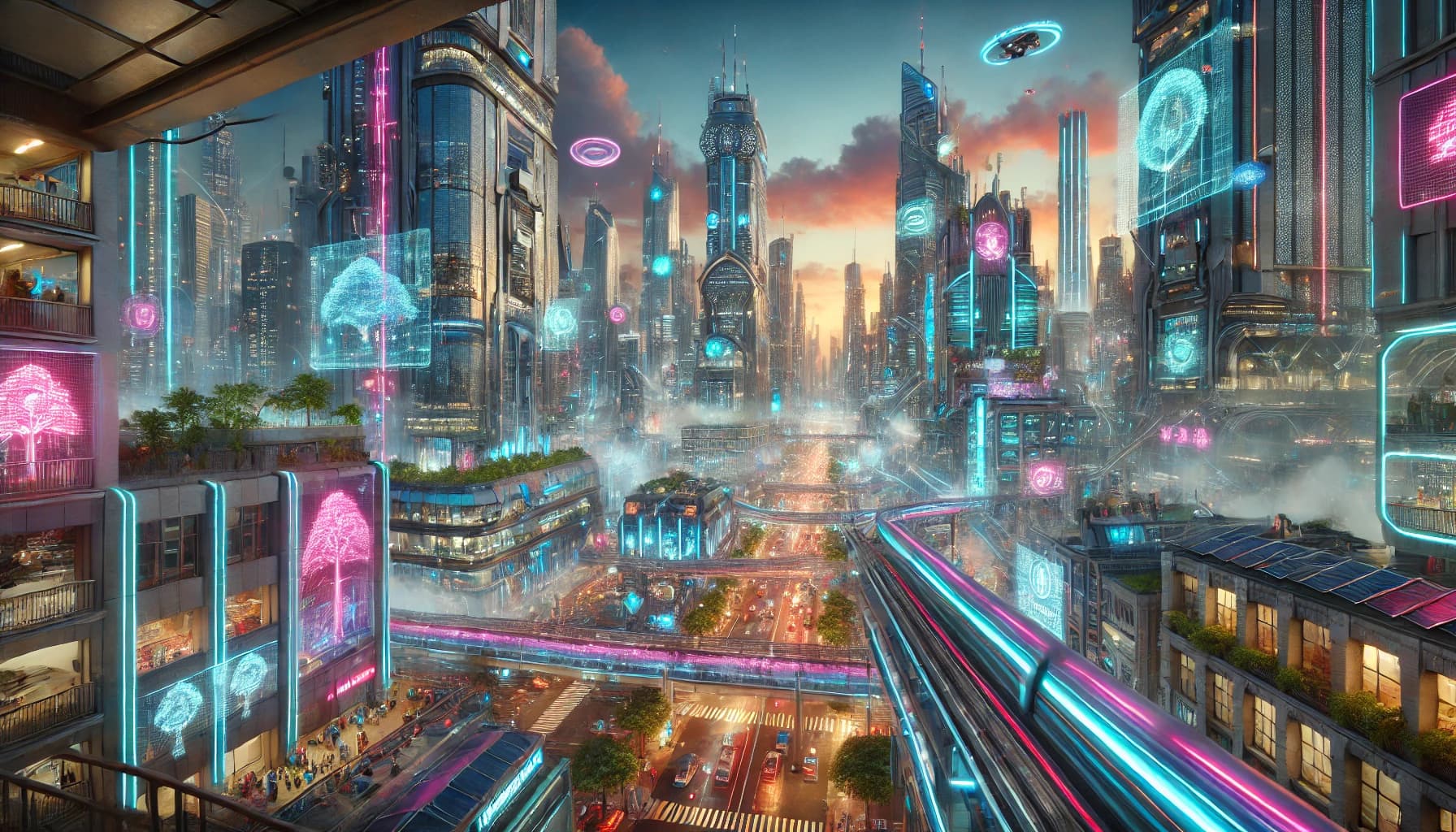A daylight cyberpunk cityscape with a pink brain-hologram billboard, cyan magnetic-rail trains, and drones in the air