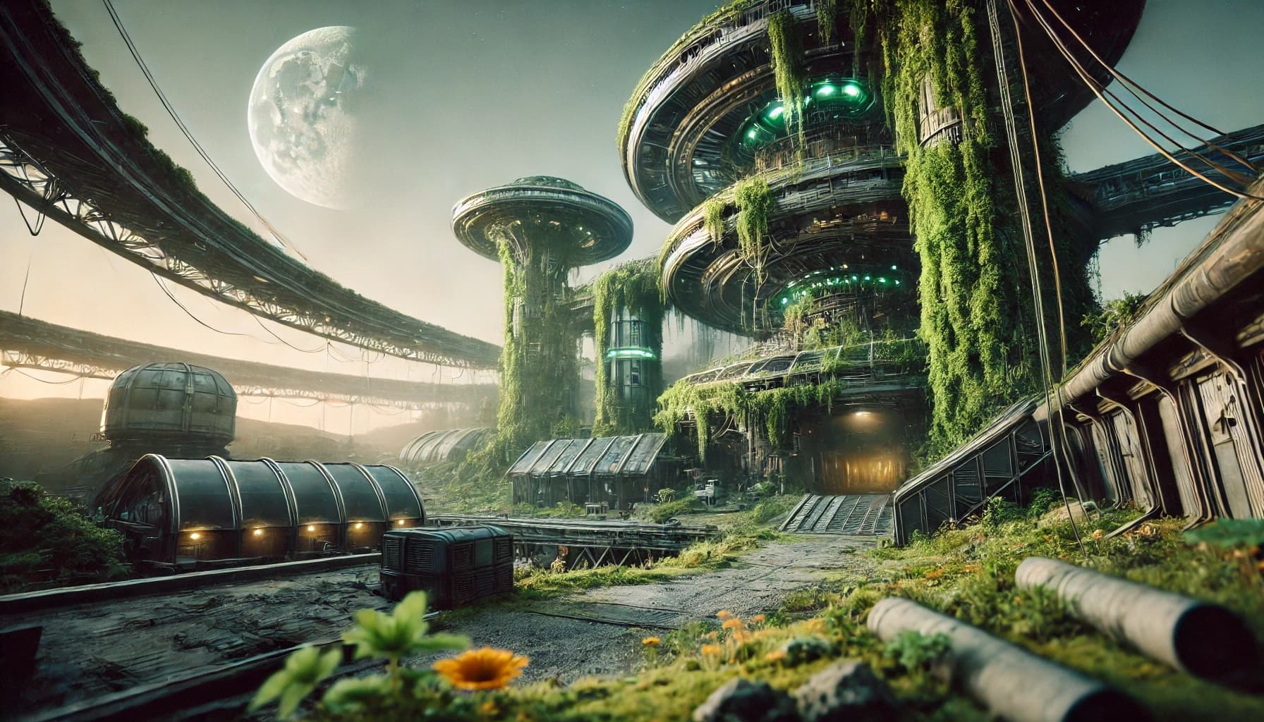 Mushroom-shaped buildings overgrown with vines on a rocky alien plain, lights on, large moon, foreground sunflower