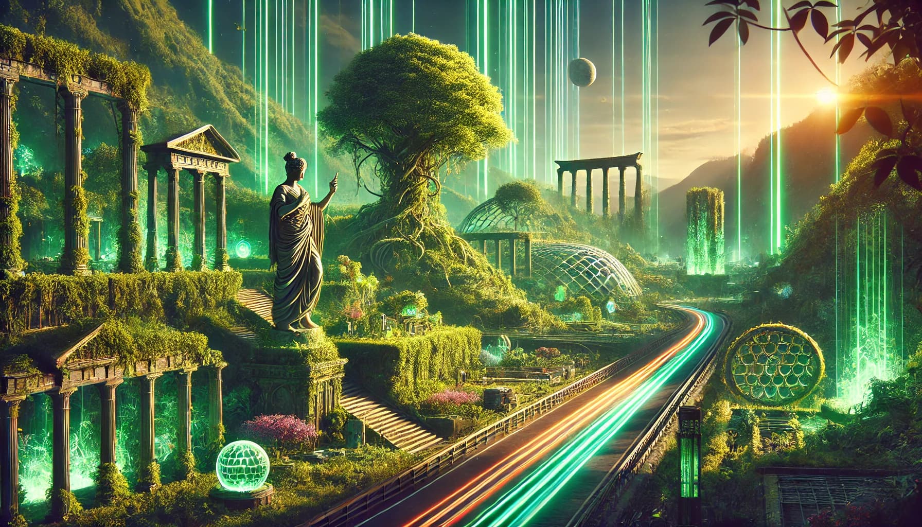 Greek ruins with Doric columns and a robed statue, vertical green light beams ascending, a sunken highway of cyan trails