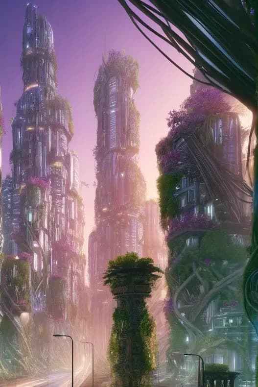 Banner-format cyberpunk street between vine buildings with magenta and cyan neon, pink flower walls, crescent moon