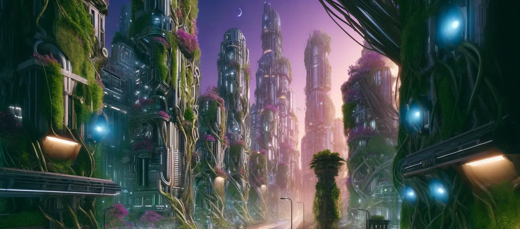 Banner-format cyberpunk street between vine buildings with magenta and cyan neon, pink flower walls, crescent moon