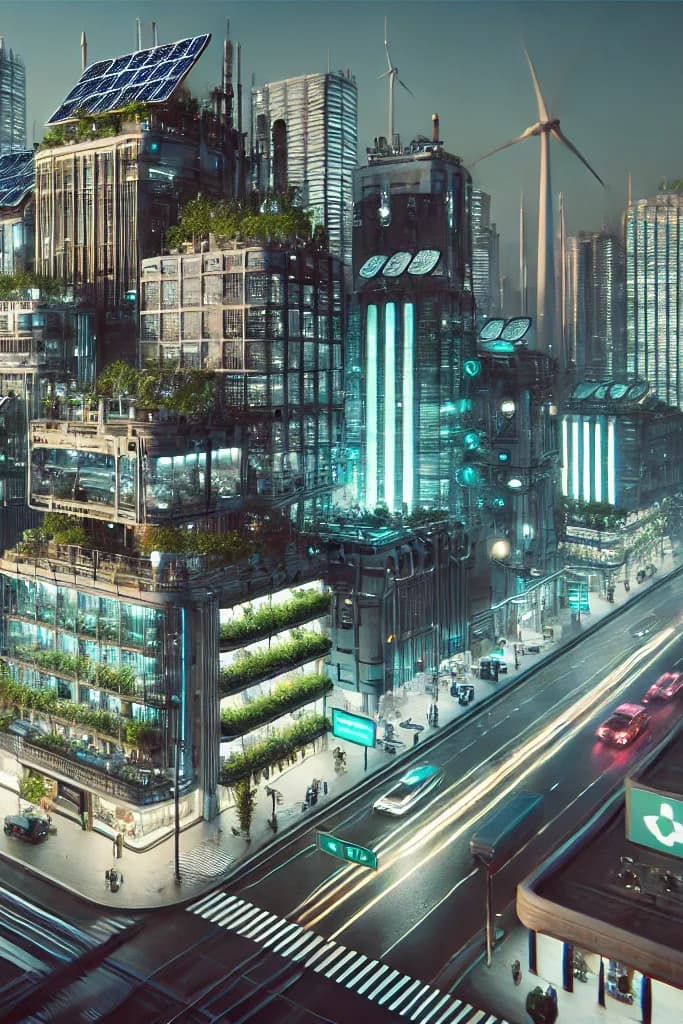 A daylight city with vertical-garden facades, rooftop solar, hilltop wind turbines, and electric cars on a sunken highway