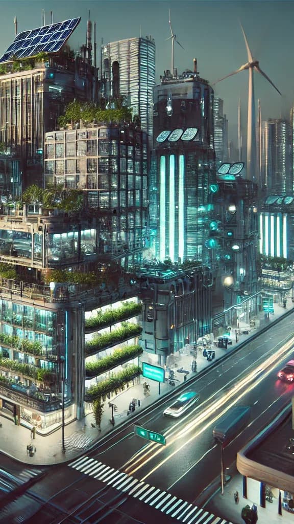 A daylight city with vertical-garden facades, rooftop solar, hilltop wind turbines, and electric cars on a sunken highway