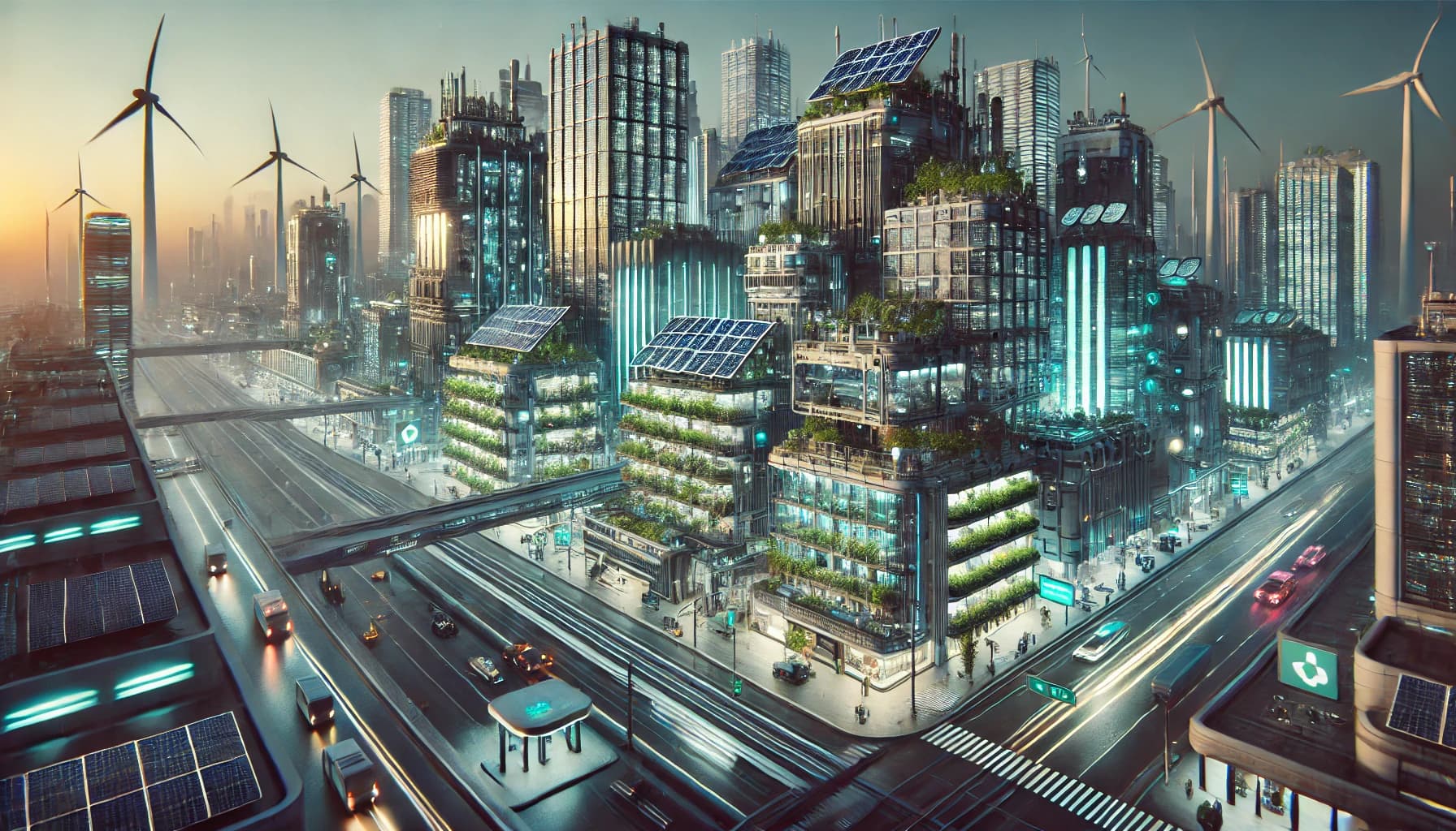 A daylight city with vertical-garden facades, rooftop solar, hilltop wind turbines, and electric cars on a sunken highway