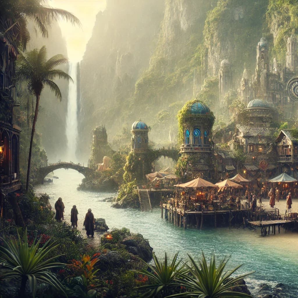 Central Asian river-village with onion-domed turquoise-tiled buildings, market stalls, a fishing boat, sun-disc holograms