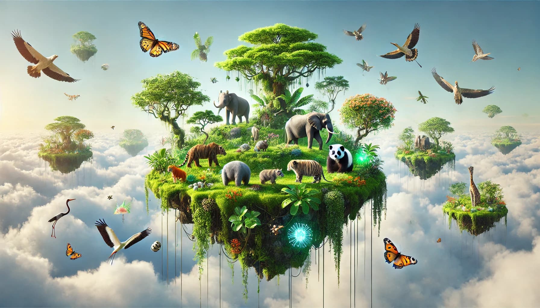 A floating island in clouds with panda, elephant, rhino, tiger, bears, hippo, giraffe, and birds in storybook style