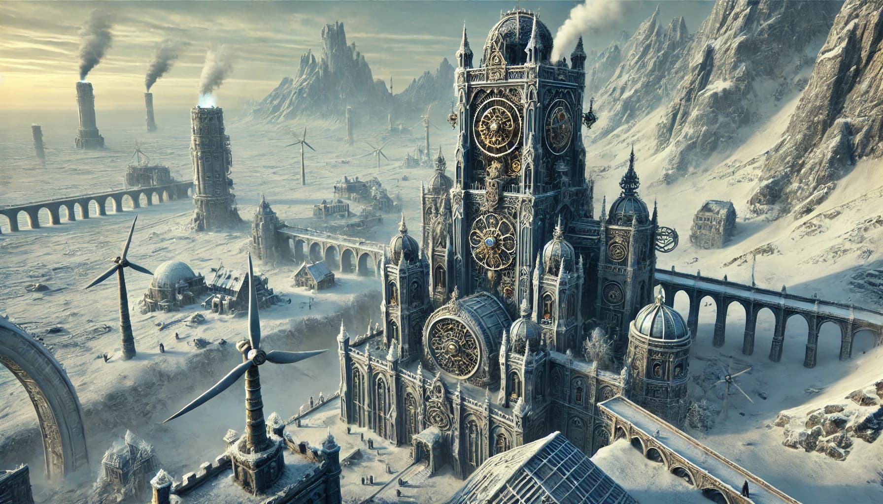 A snow-covered clockpunk-Gothic citadel with a giant central clock face, aqueducts, wind turbines, distant smokestacks