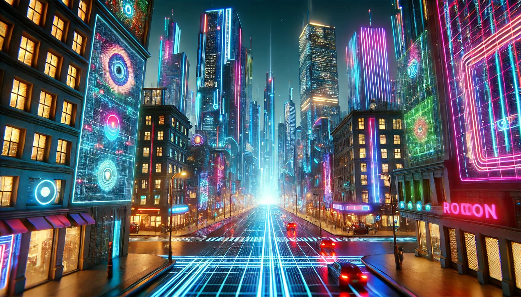 A daylight cyberpunk street with cyan-grid road, magenta neon signage, holographic billboards, two cars, ROBON sign