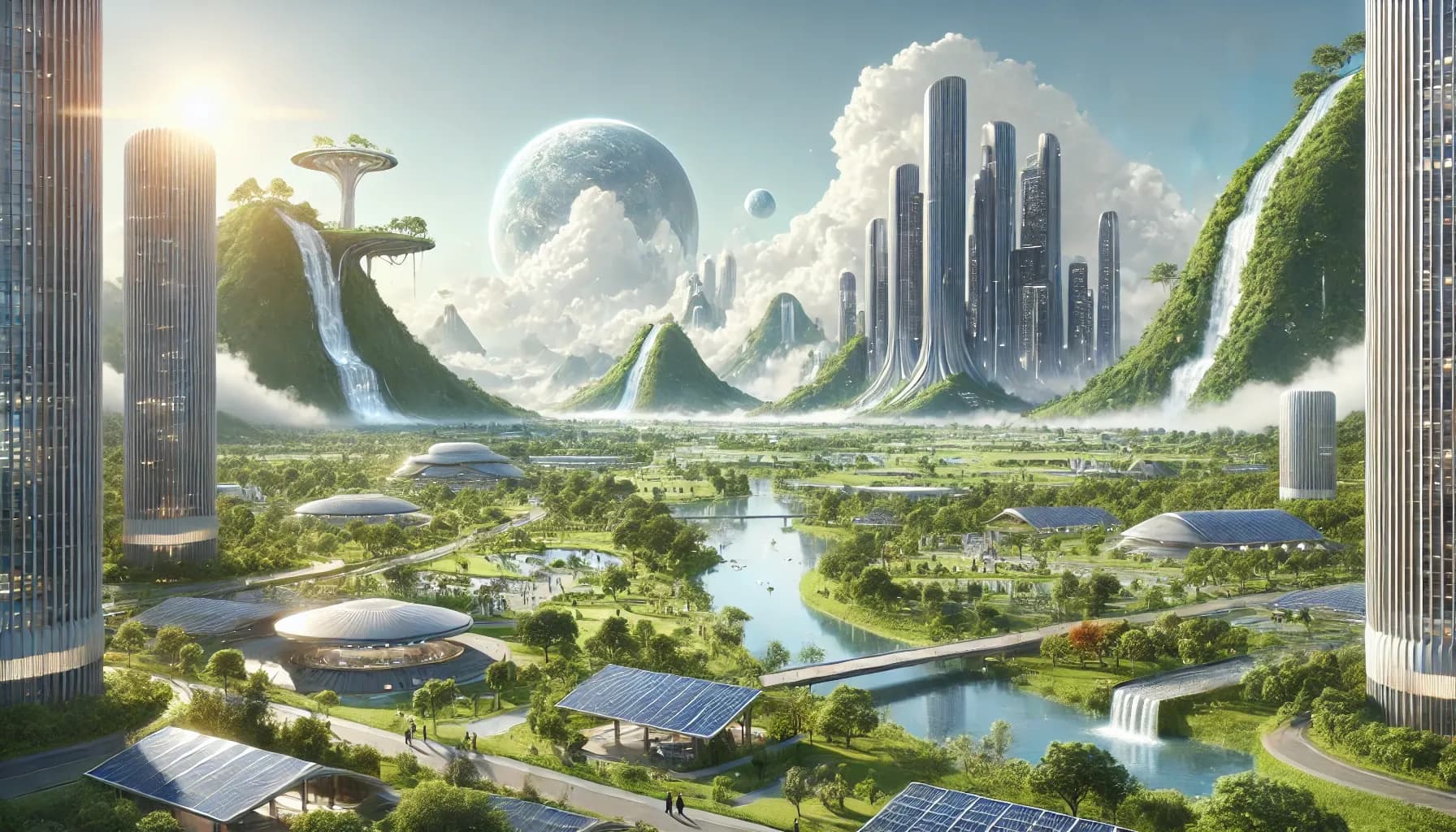 Glass skyscrapers in a green valley with mountain waterfalls, river, solar arrays, geodesic dome, large planet rising