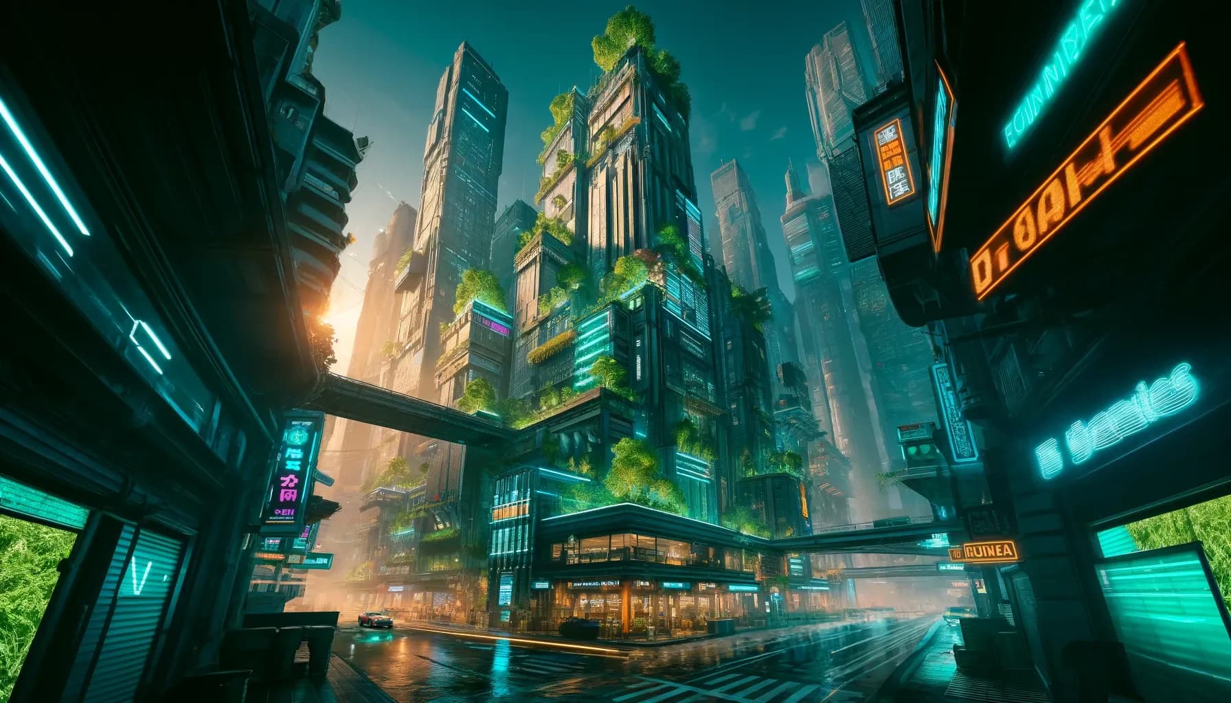 A wet street looking up at buildings overgrown with cascading vines and vegetable beds, magenta and orange neon signs