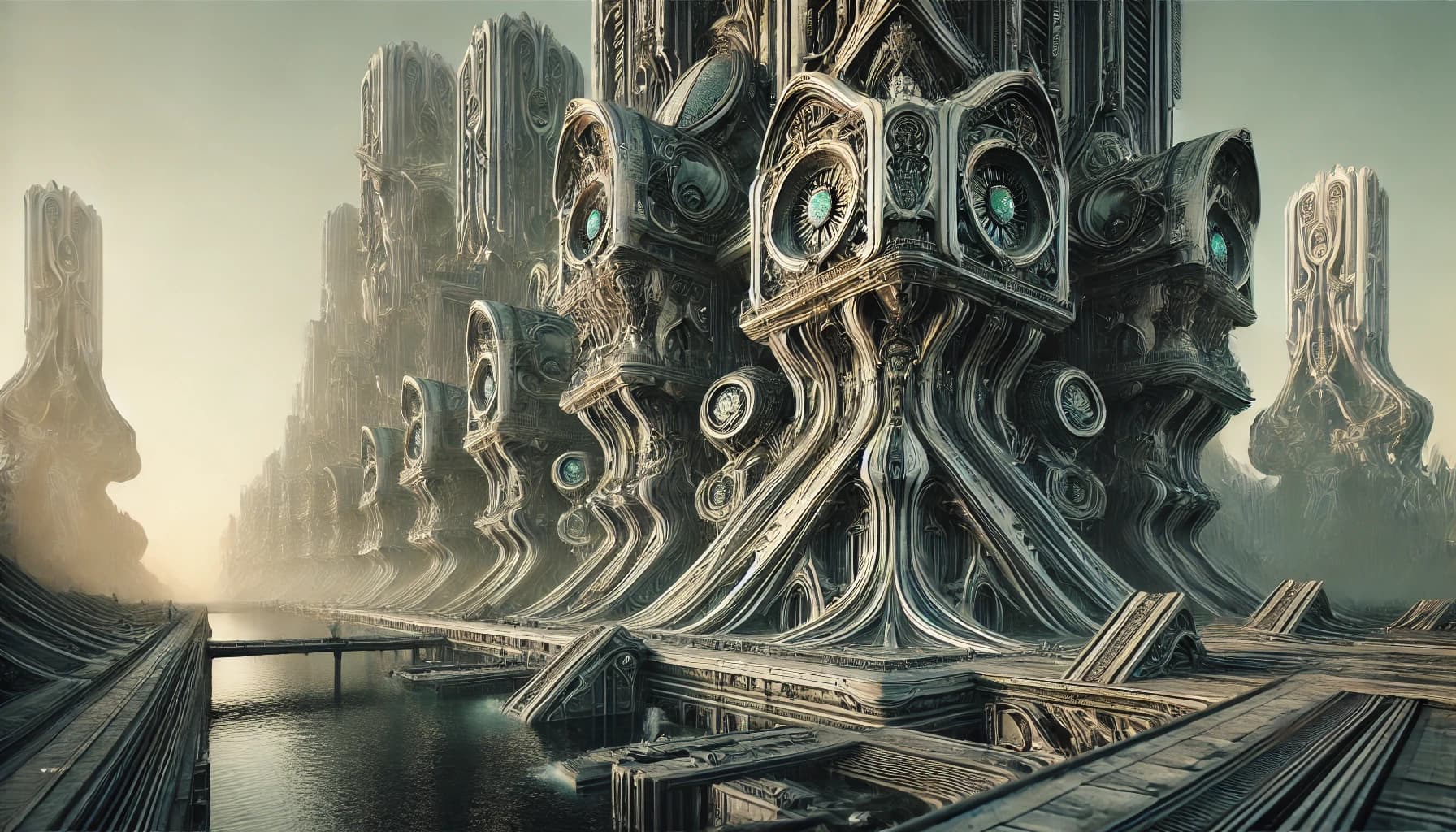 Baroque-mechanical anthropomorphic buildings with cyan eye-portholes lining a narrow canal, scrollwork like faces
