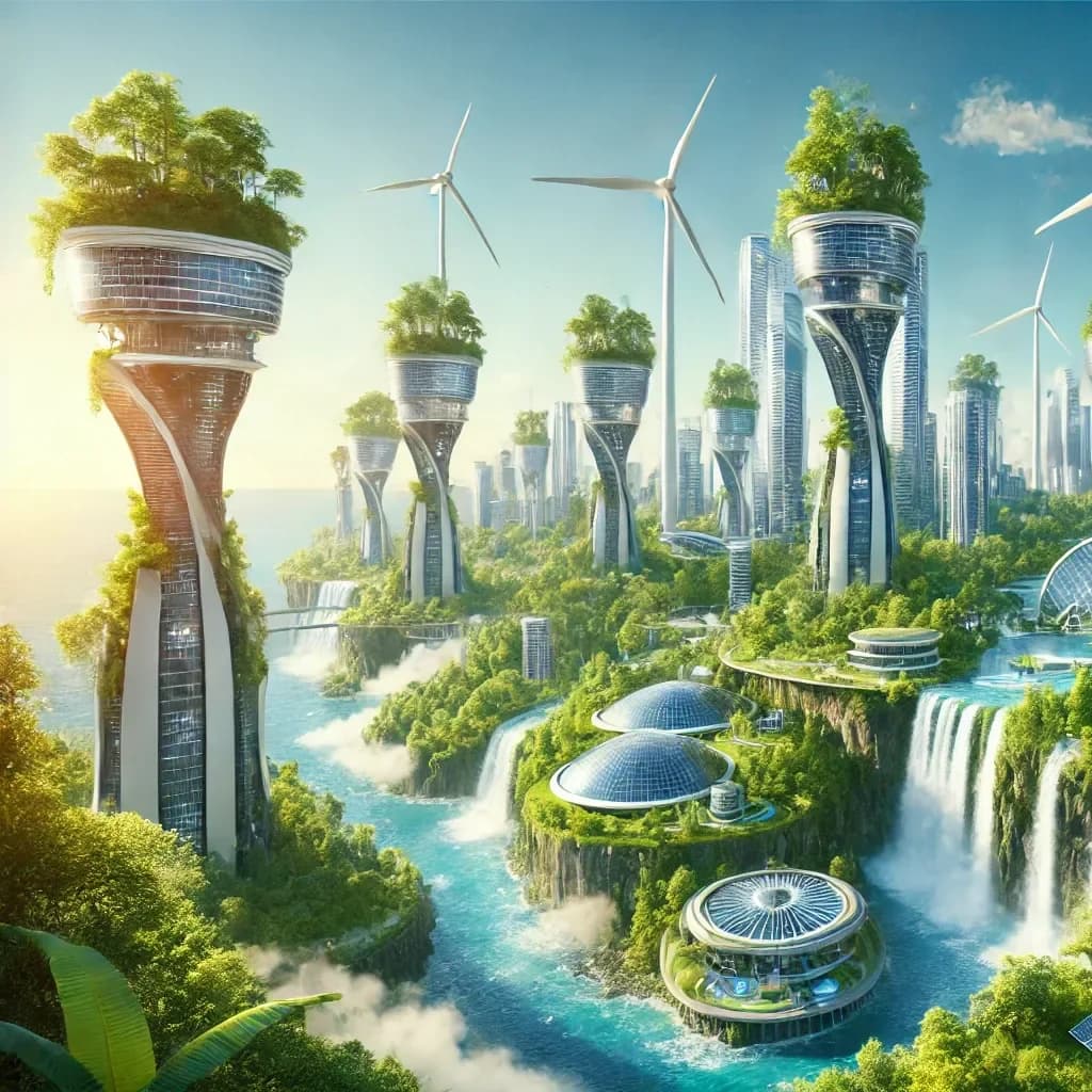 Slim towers with crowns of greenery and rooftop wind turbines, cascading waterfalls between them, a geodesic dome